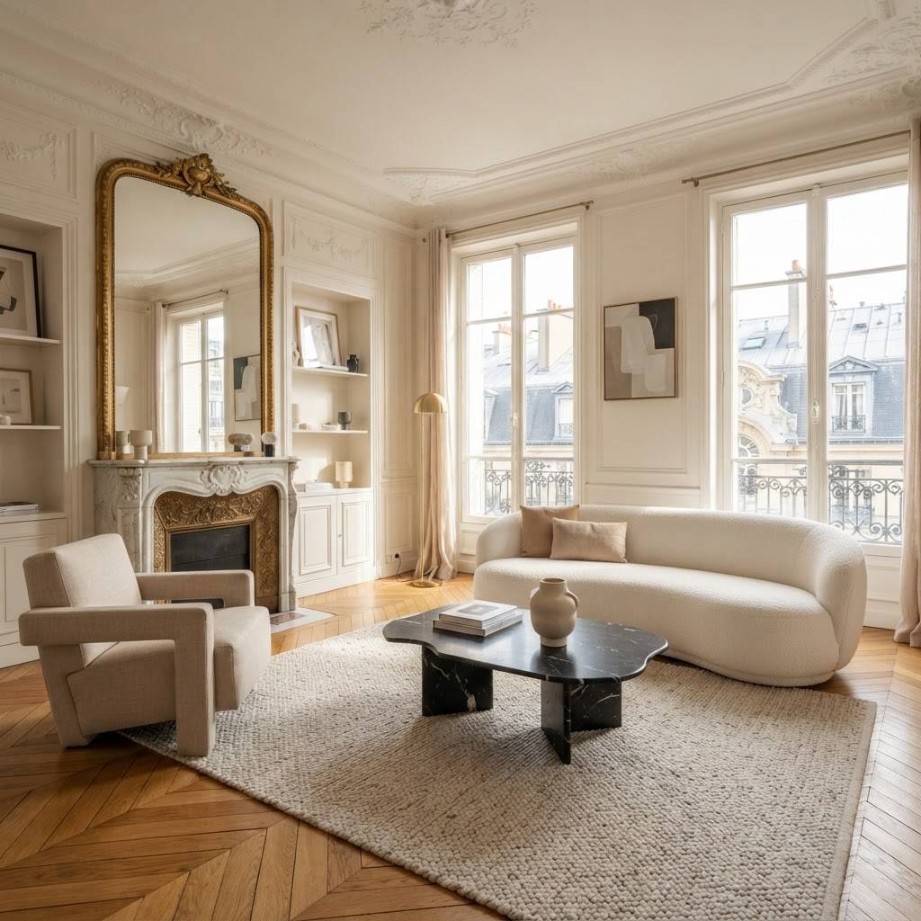 Bright apartment living room with wooden floors and a fireplace