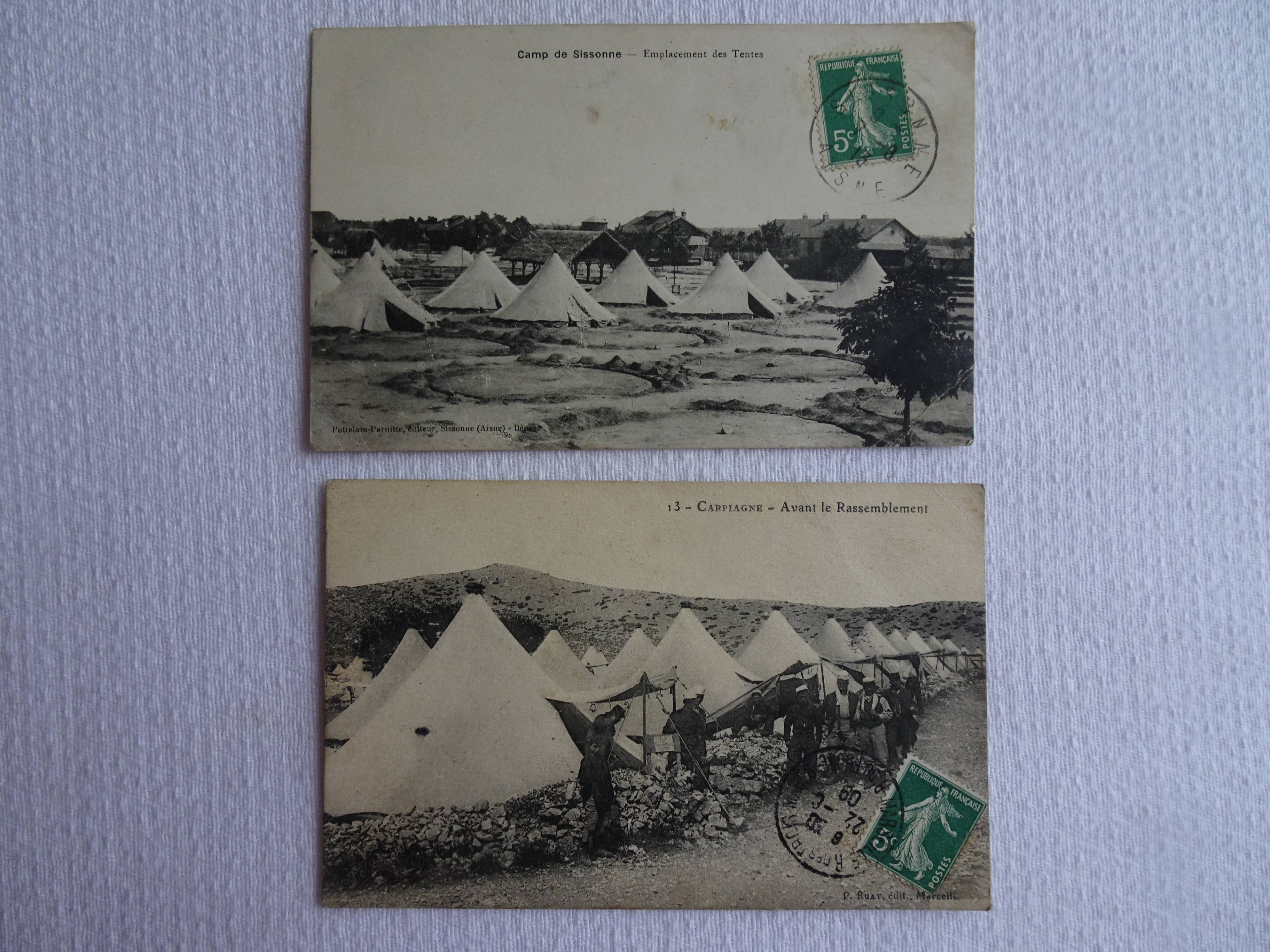 Vends 2 cartes postales anciennes (camp militaire)
