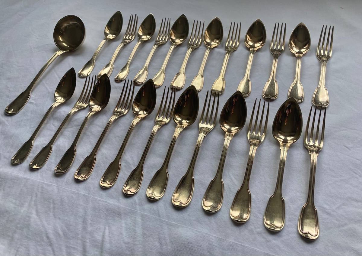 Ménagère couverts à entremets argent massif vermeil 1409g