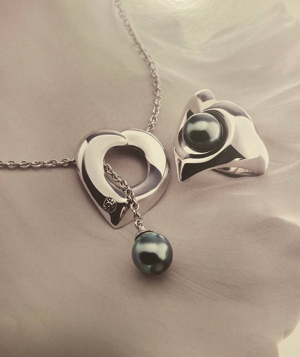 Collier et Bague coeur en argent et perle grise