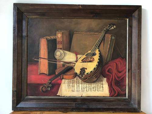 Tableau signé Eugène Fassy (1908), Instruments de musique 81x65cm