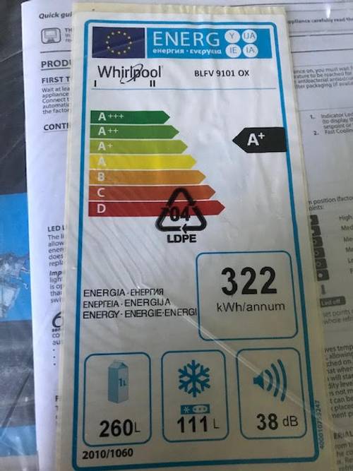 Vends réfrigérateur/congélateur, Whirlpool 2020, A+, grande capacité