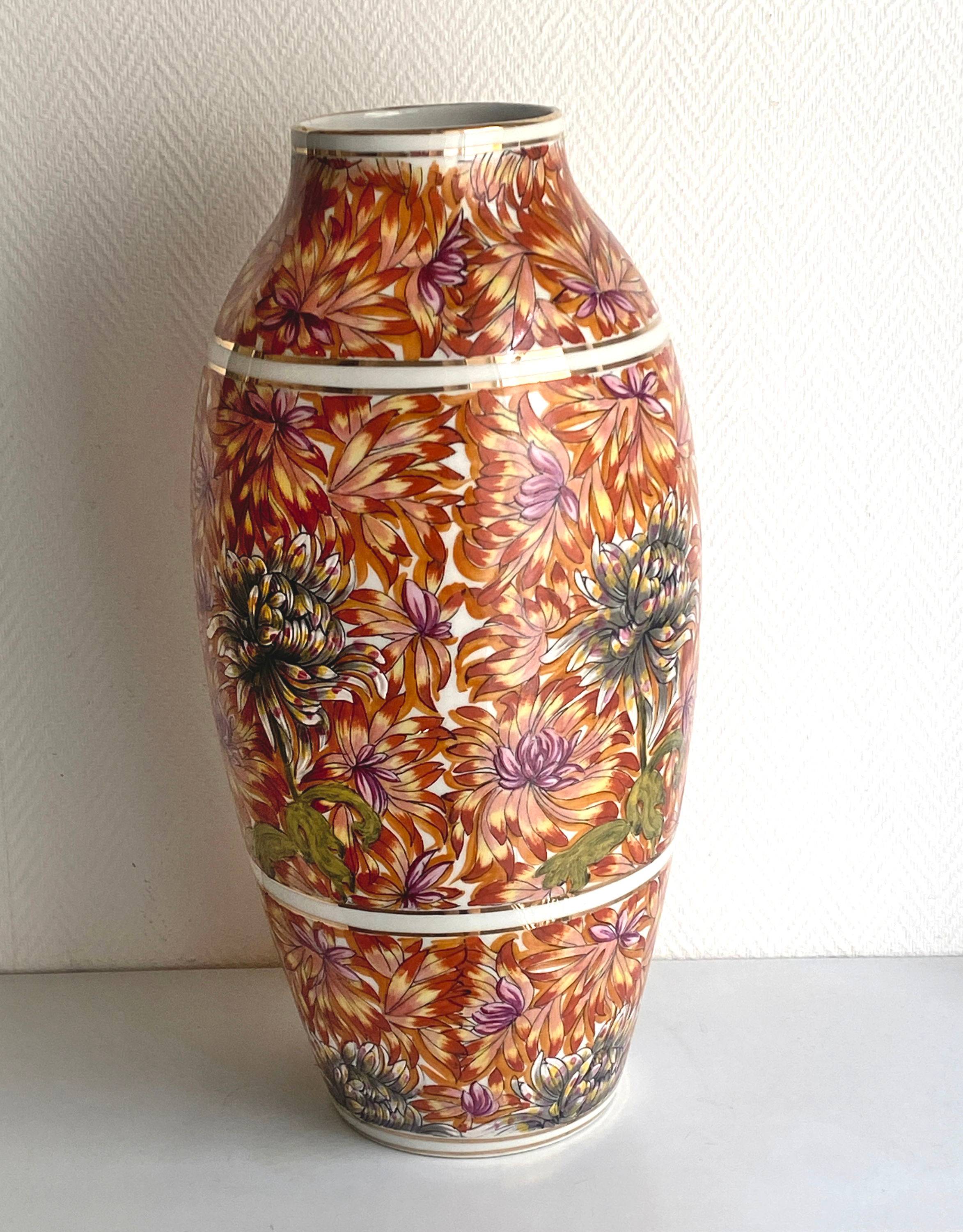 Grand vase Vintage en porcelaine à décor de dahlias peint main