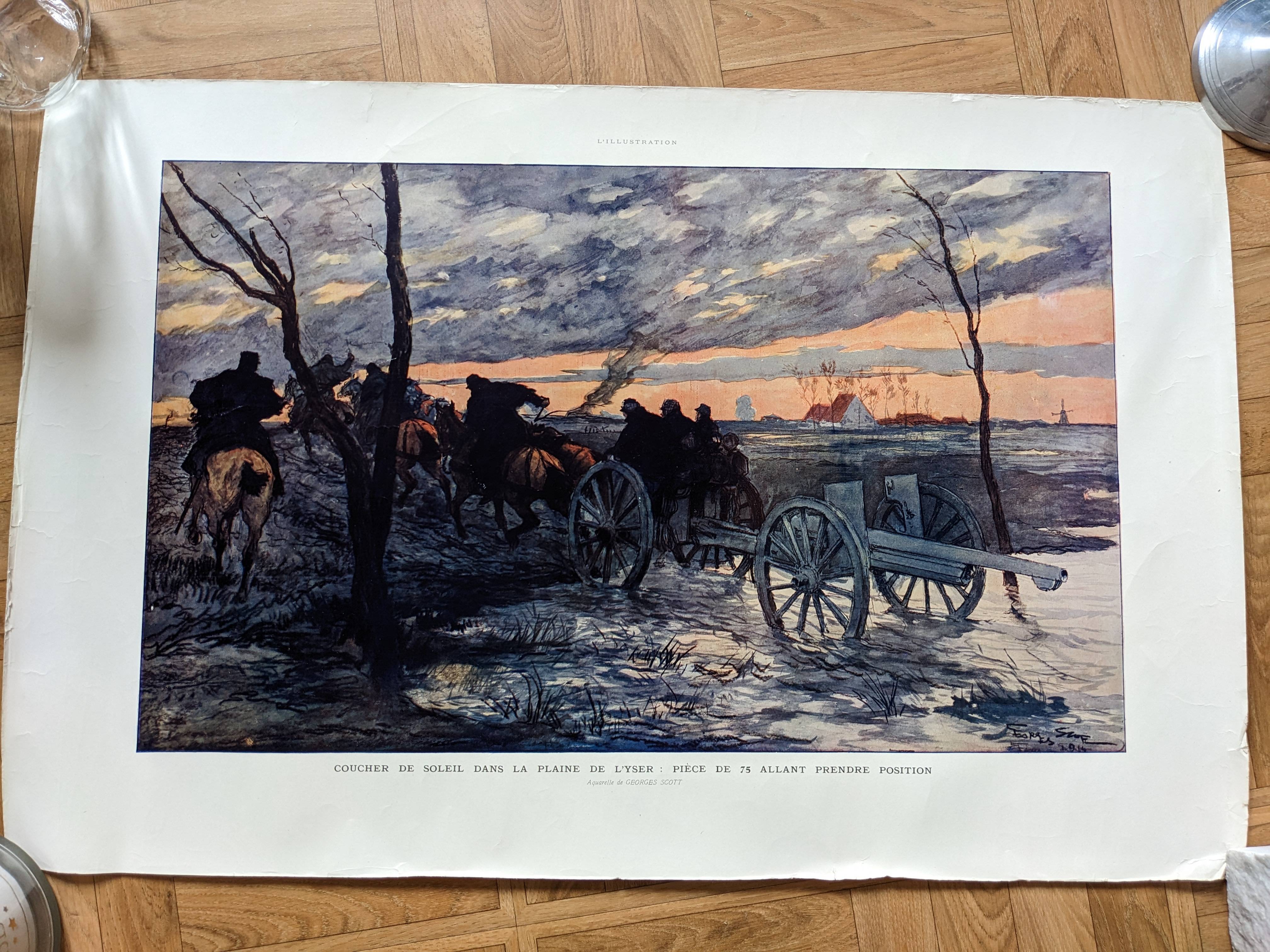 Affiche ancienne Coucher de soleil sur une pièce d’artillerie