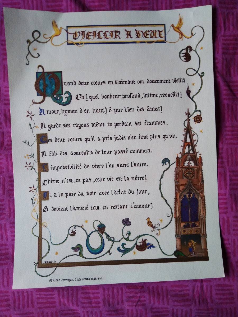 Affiche à décor et écriture moyennageux sur le thème de vieillir à deux