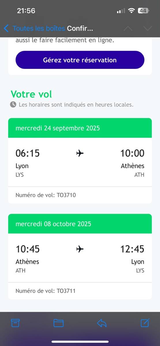 Propose aller-retour Lyon → Athènes le 24 septembre