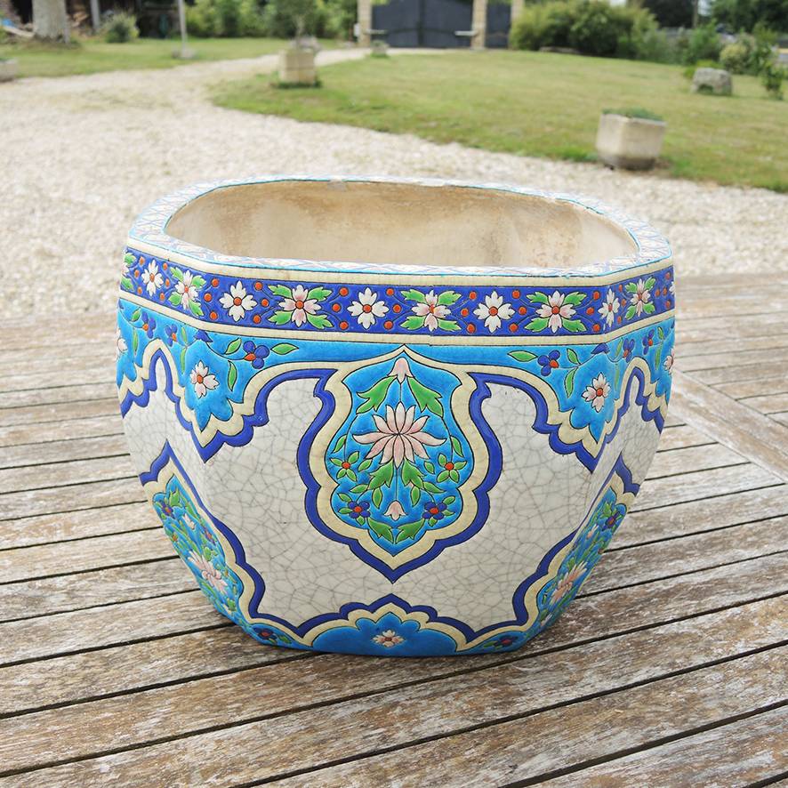 Ancien Cache Pot en Faïence Emaillée Signé Gien