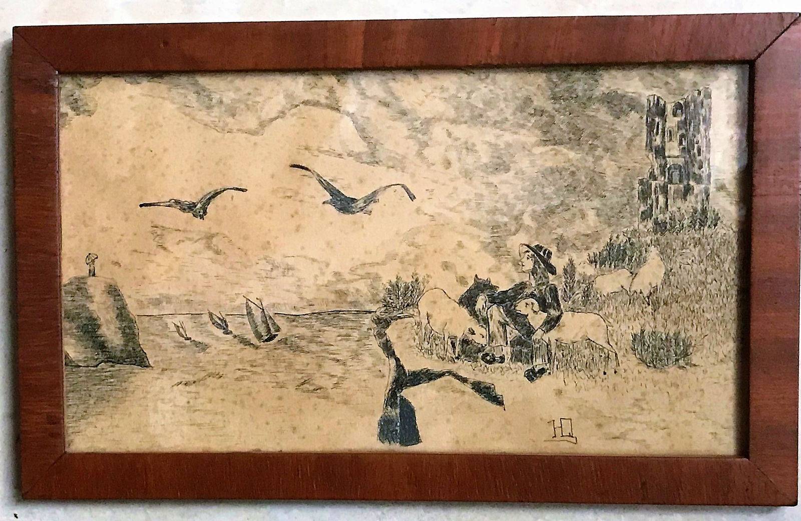 Ancien dessin sujet breton encadré à l’encre de Chine