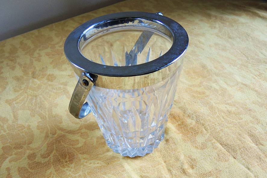 Ancien Seau à Glace en Verre Taillé & Inox