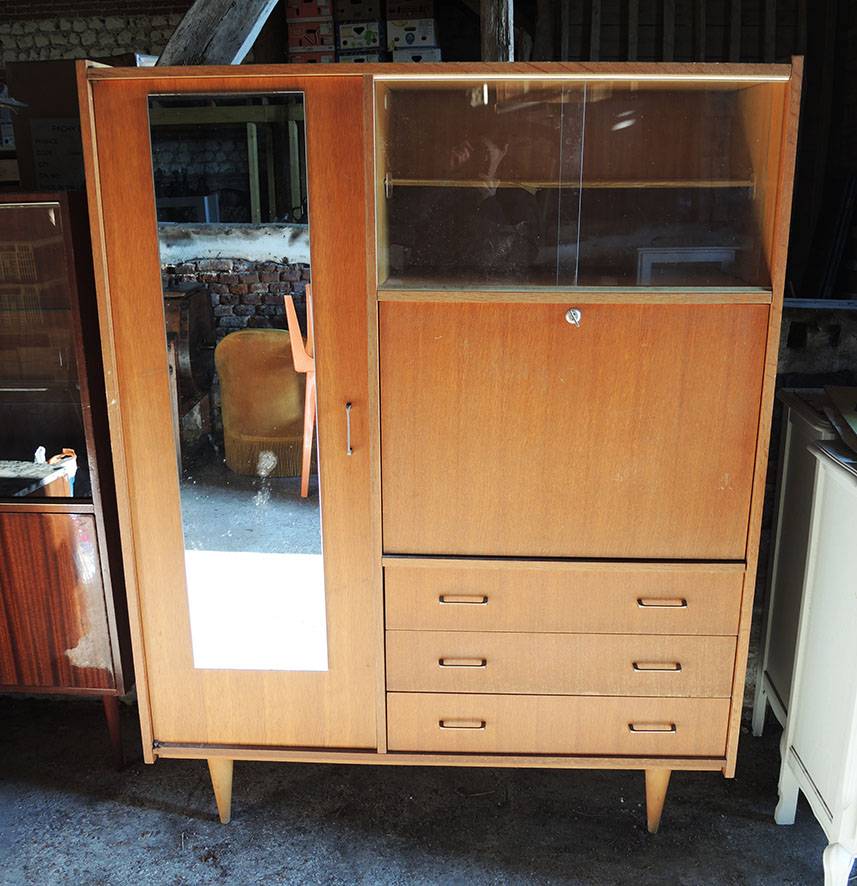 Ancien Penderie-Secretaire en Bois Massif Clair