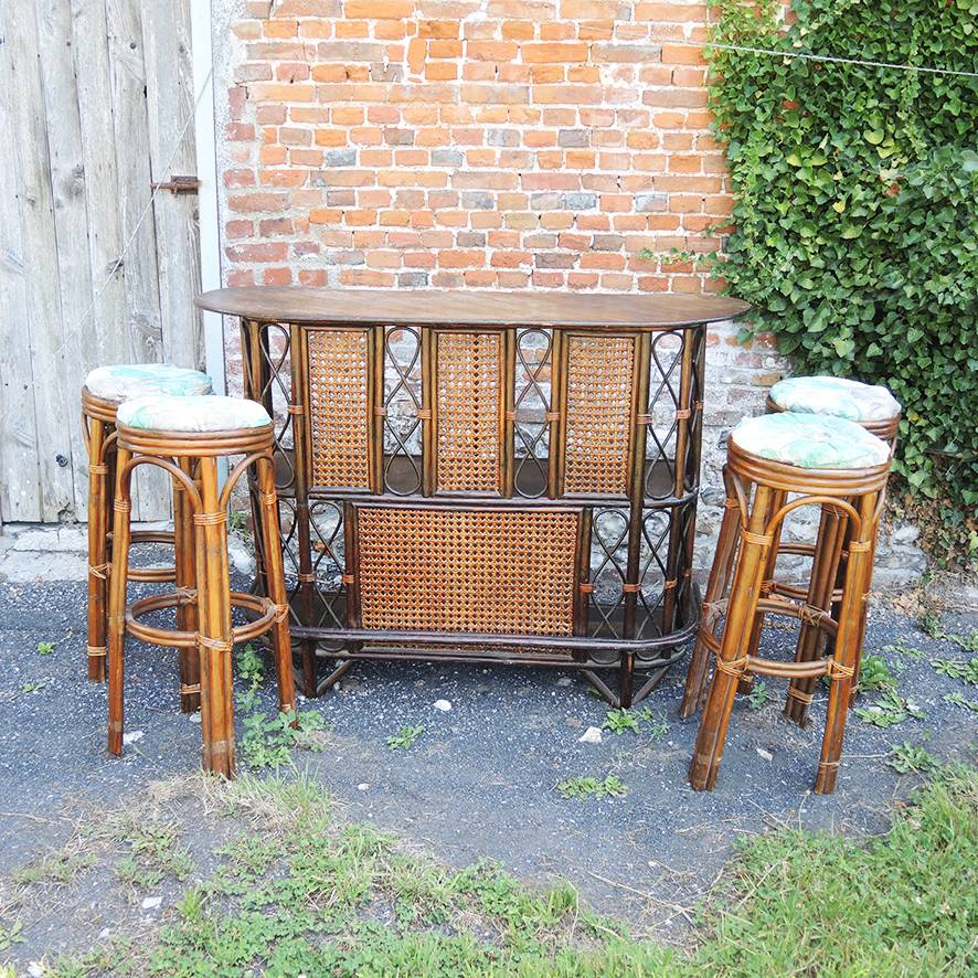 Ancien Bar en Rotin & Cannage avec 4 Tabourets