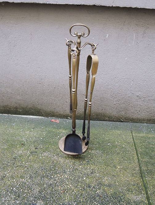 Ancien Servant De Cheminée En Laiton Doré - Set D'outils De Cheminée Vintage