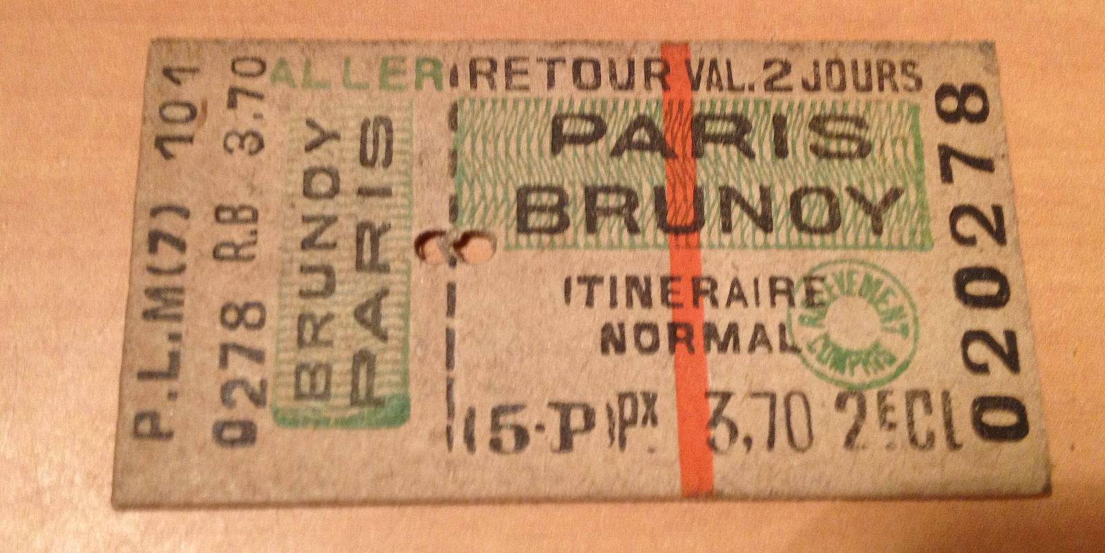 Ancien ticket P.L.M. Aller Retour 2ème classe Paris-Brunoy