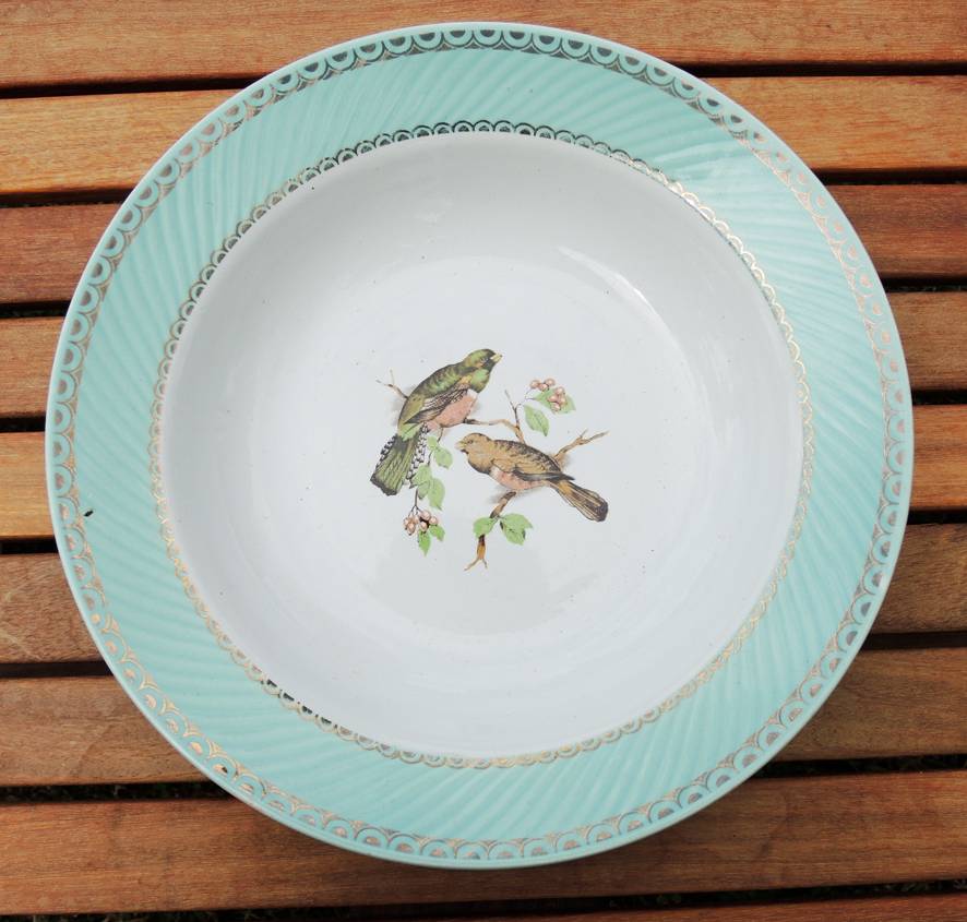 Ancienne Grande Assiette Ronde en Céramique Badonviller Motif Oiseaux