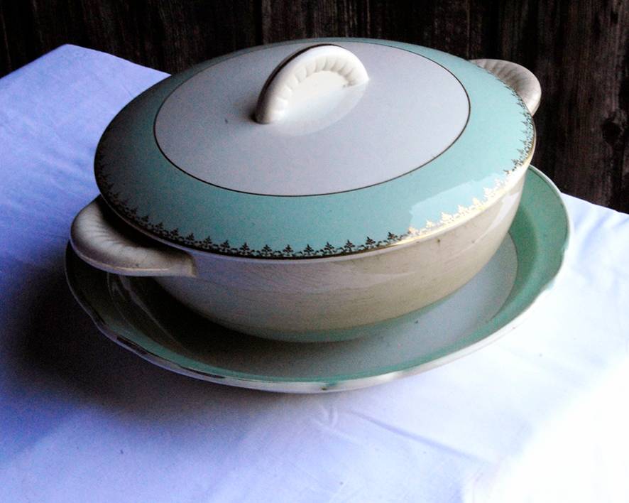 Ancienne Soupière et Plat en Céramique K & G - Vert Menthe