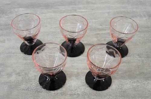 5 Anciens Verres à Digestif Art Déco Noir & Rose