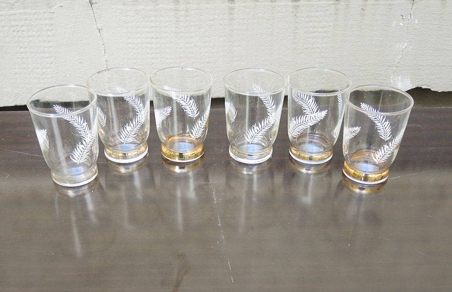 6 Anciens Verres Droits Motif Plume H 7 cm