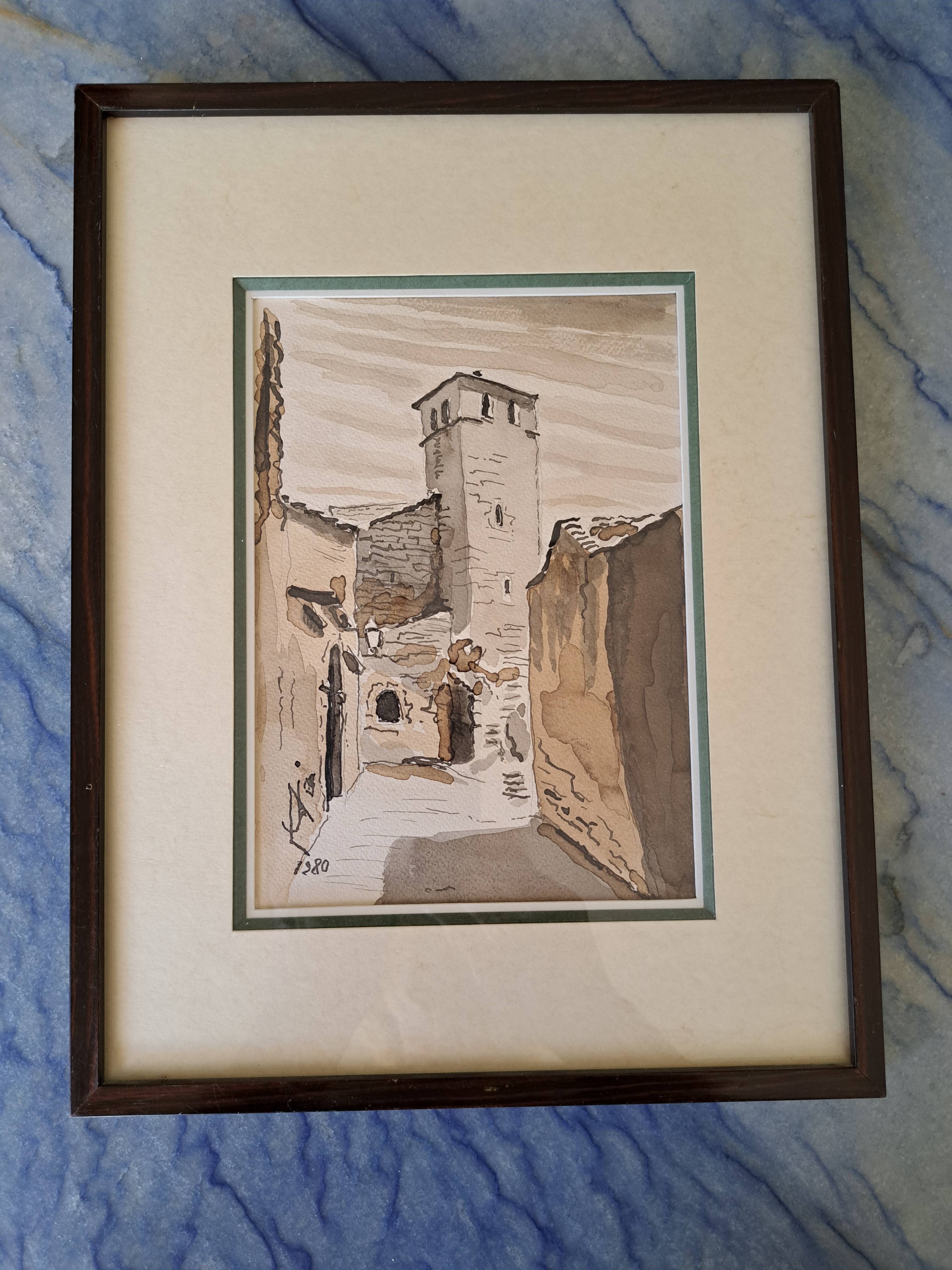 Aquarelle ancienne sous verre signée 1980