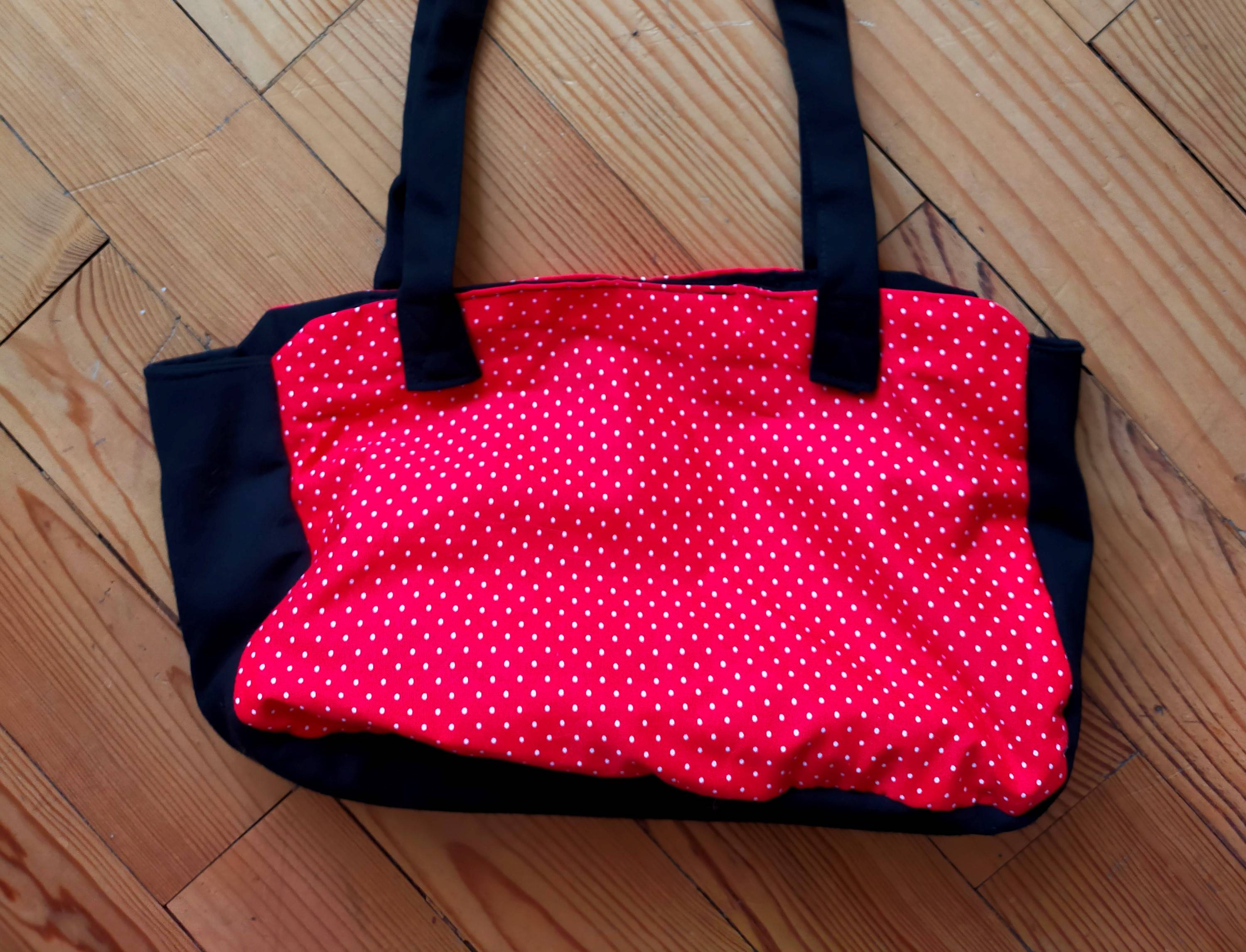 Sac à main artisanal en tissu rouge à pois blancs & noir Neuf