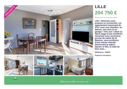 Vends T2 avec balcon,cave et garage sur St Maurice - 47m², Lille (59)