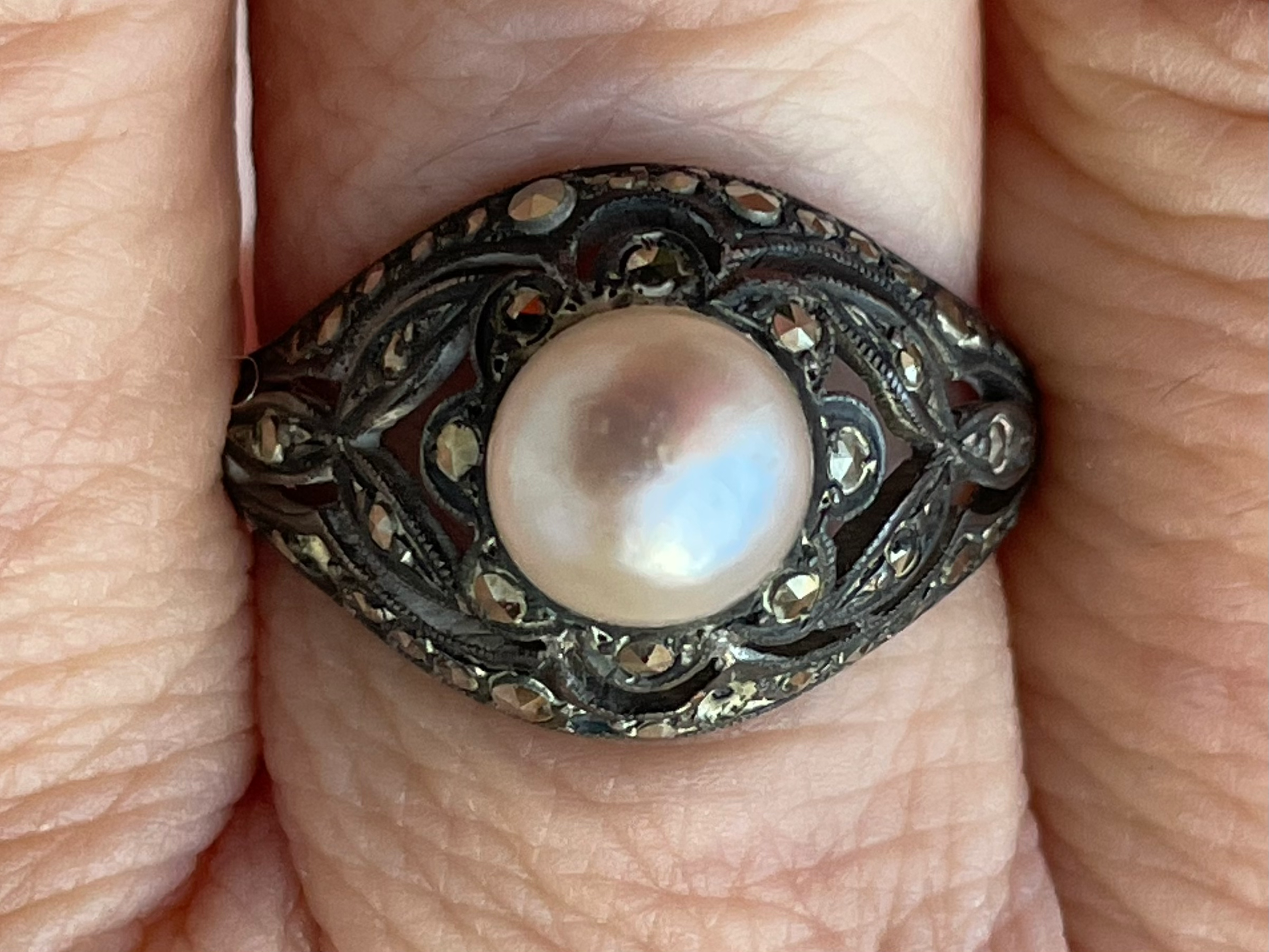 Bague des années 1930 en argent, perle et strass