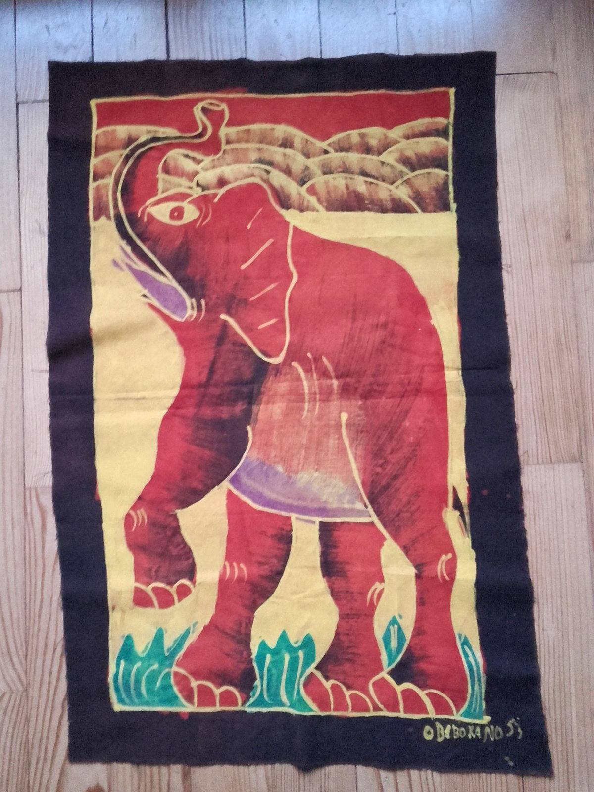Batik / tenture africaine avec éléphant rouge et jaune TBE