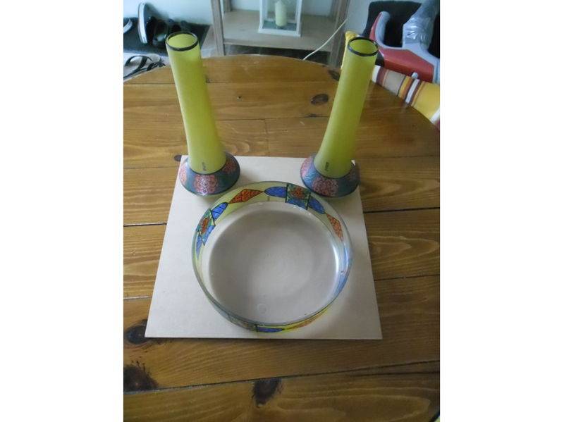 Vends Lot de 2 vases et sa coupe a fruit LEUNE 1930