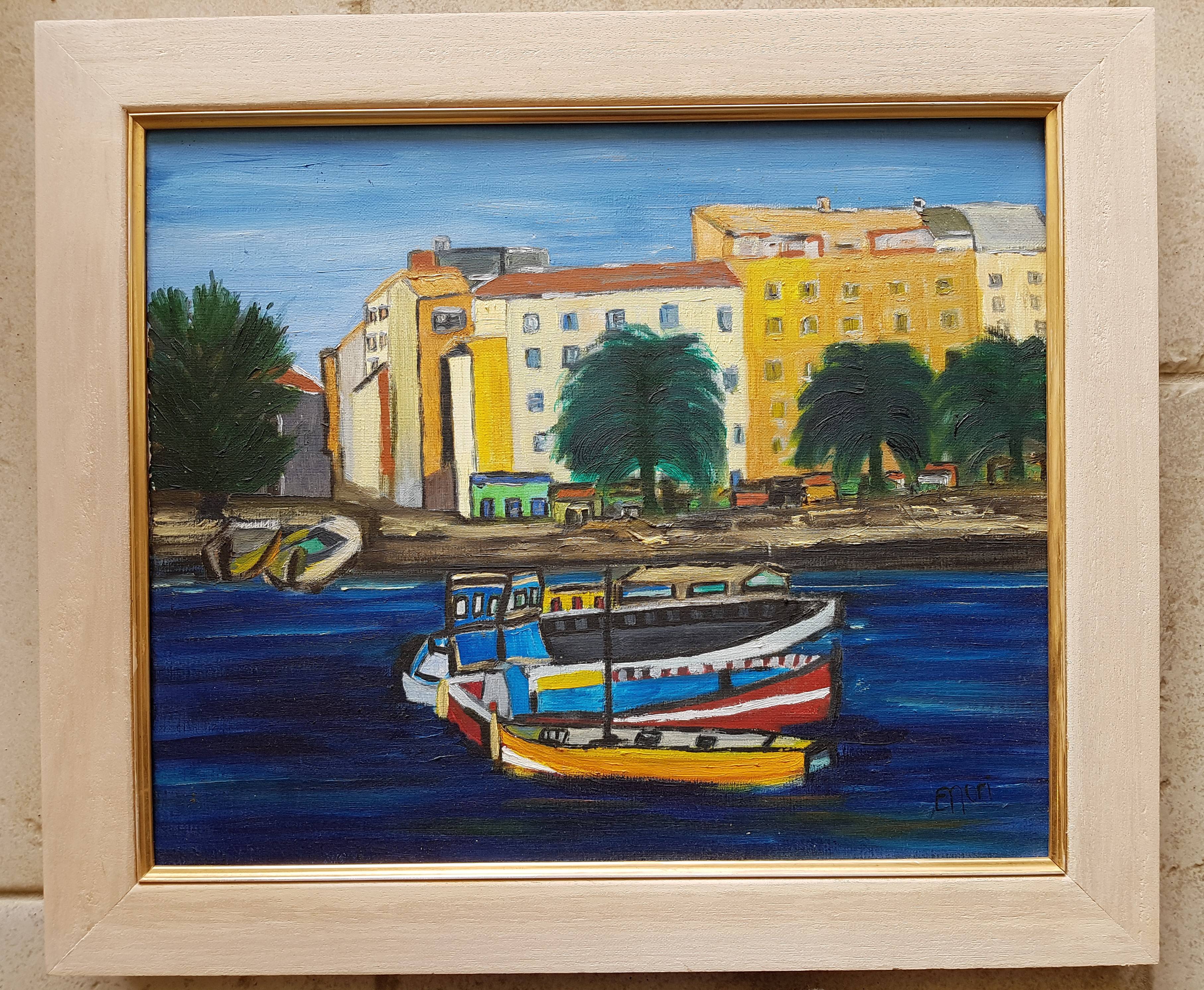 Peinture à l’huile signée et encadrée du port d’Ajaccio