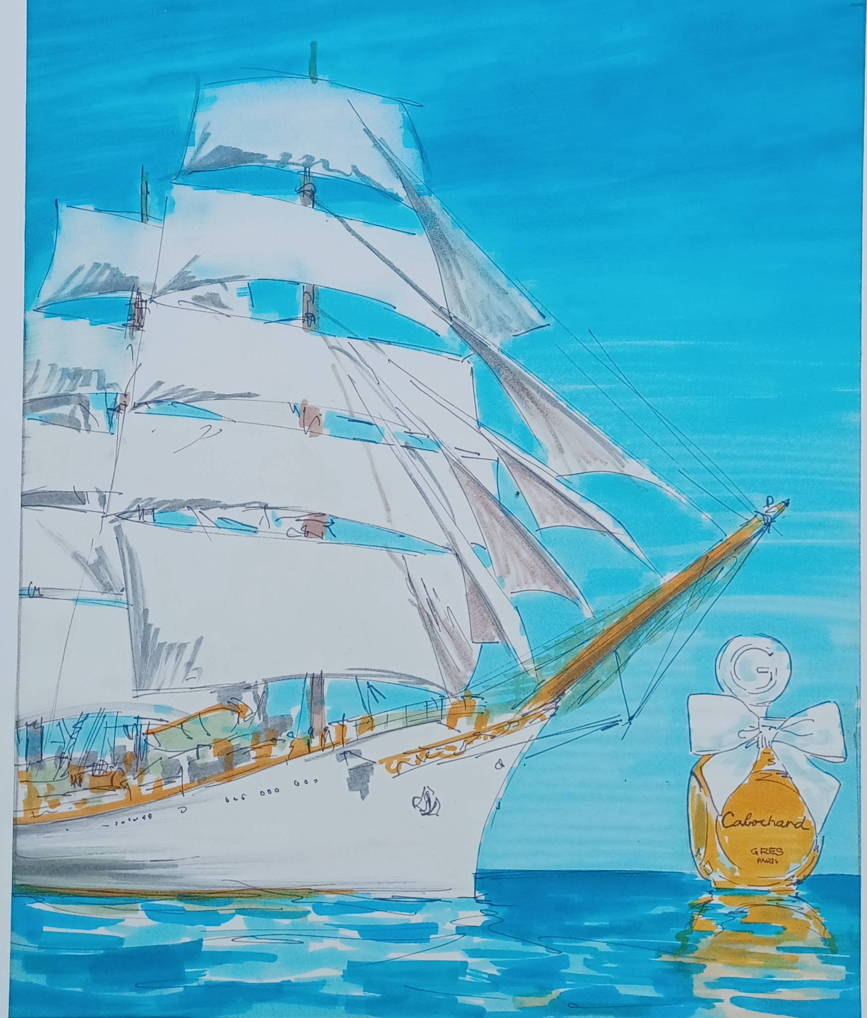 Belle représentation du parfum CABOCHARD avec un superbe voilier Rare et en très bon état