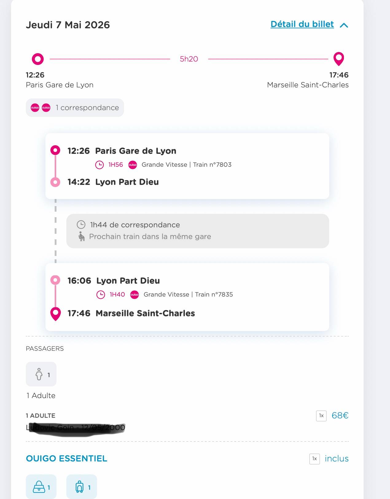 Propose billet de train Paris → Marseille le 7 mai 2026