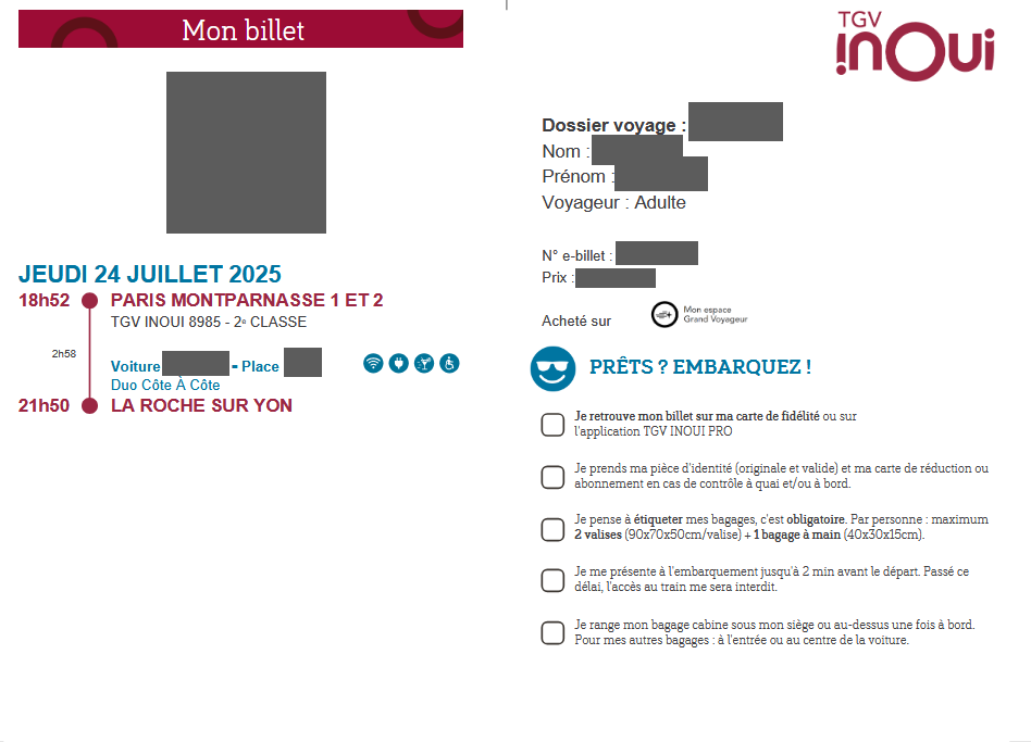 Propose billet de train Paris → La Roche-sur-Yon via Angers et Nantes le 24 juillet à 18h52
