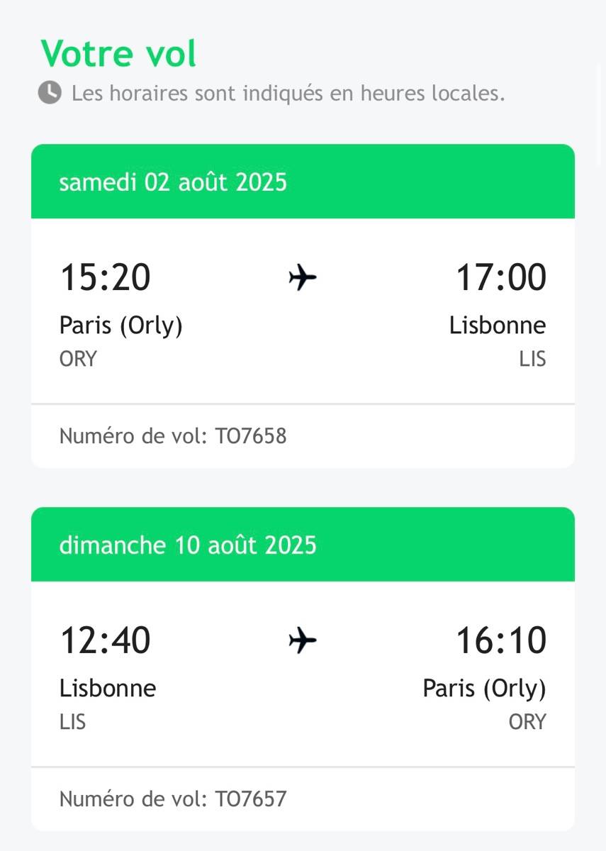 Propose billets aller/retour Paris → Lisbonne le 2 août