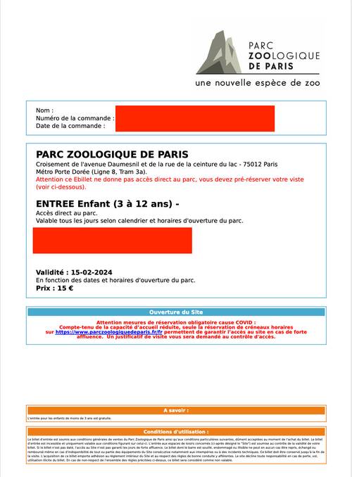 Billets Zoo de Vincennes 3 Adultes et 1 enfant