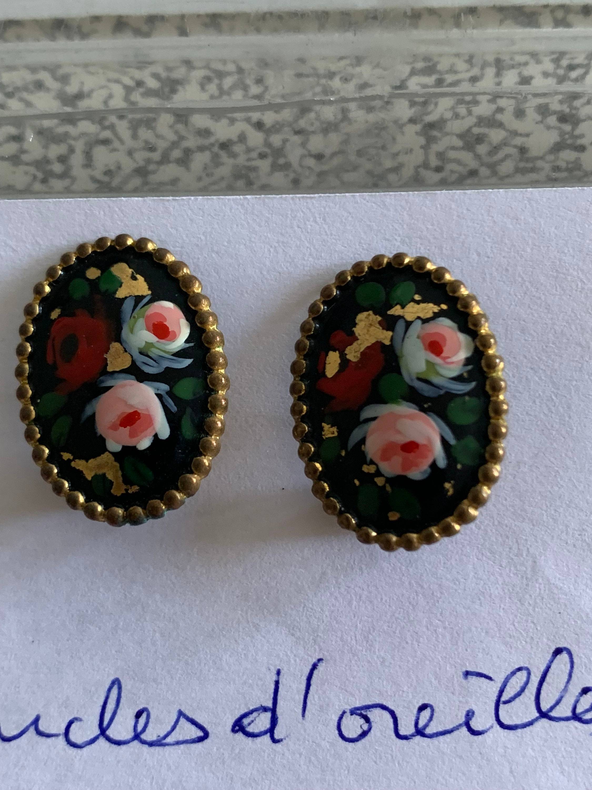 Boucles oreilles email fleuri clips vintage