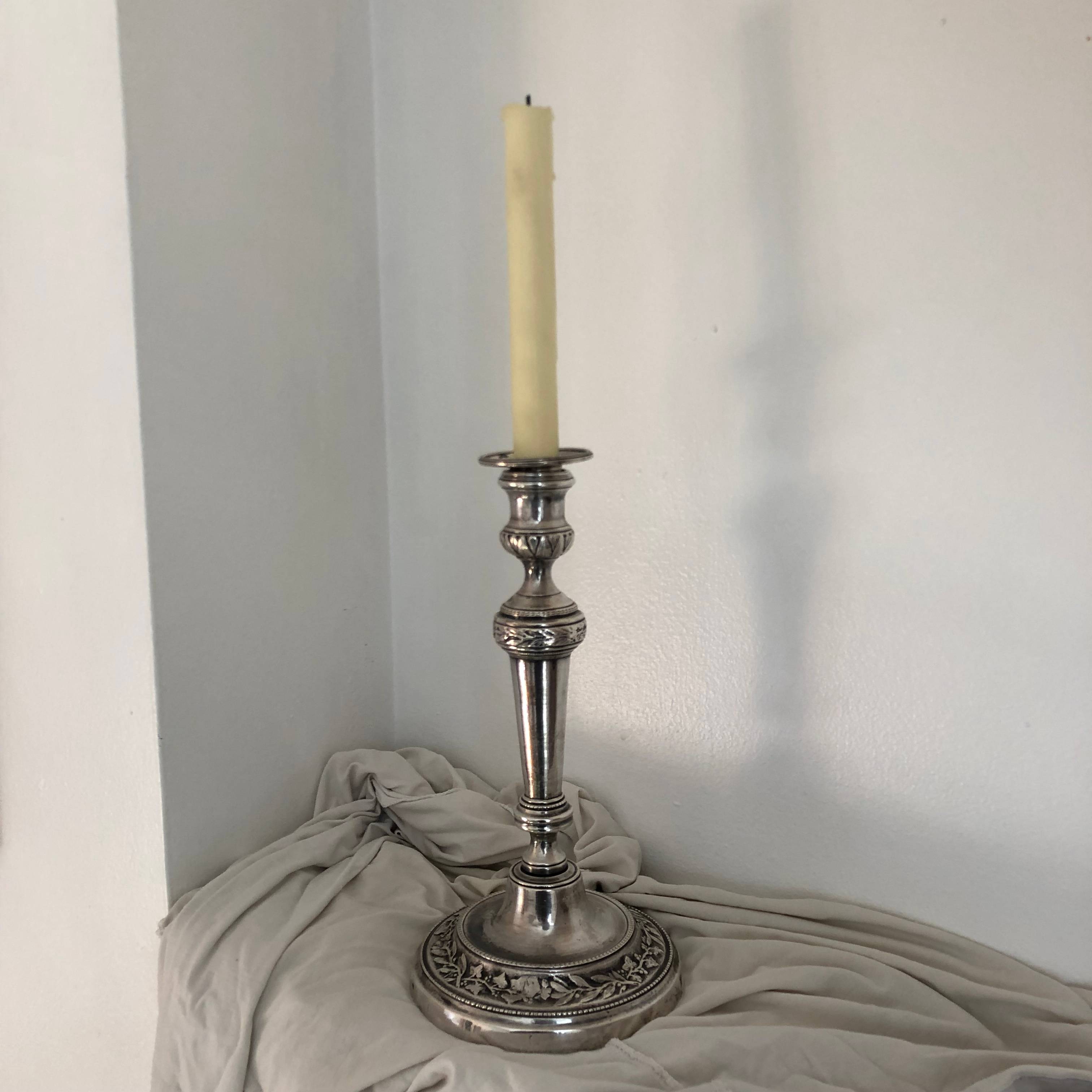 Bougeoir Style Empire En Métal Argenté Et Marbre - Occasion