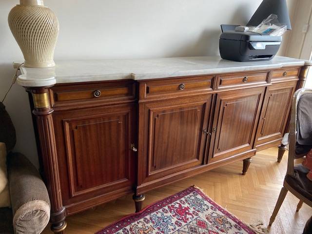 Coiffeuse Ancienne En Bois Et Marbre – 2 Tiroirs, 105cm, Très Bon état