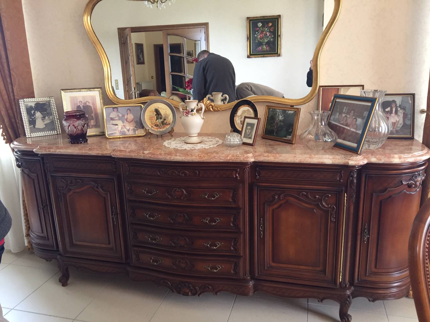 Buffet-enfilade Louis XV marbre et bois massif de luxe signé
