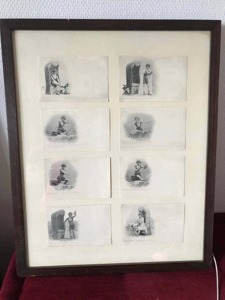 Cadre de 8 cartes postales anciennes "Histoire d’un crabe"