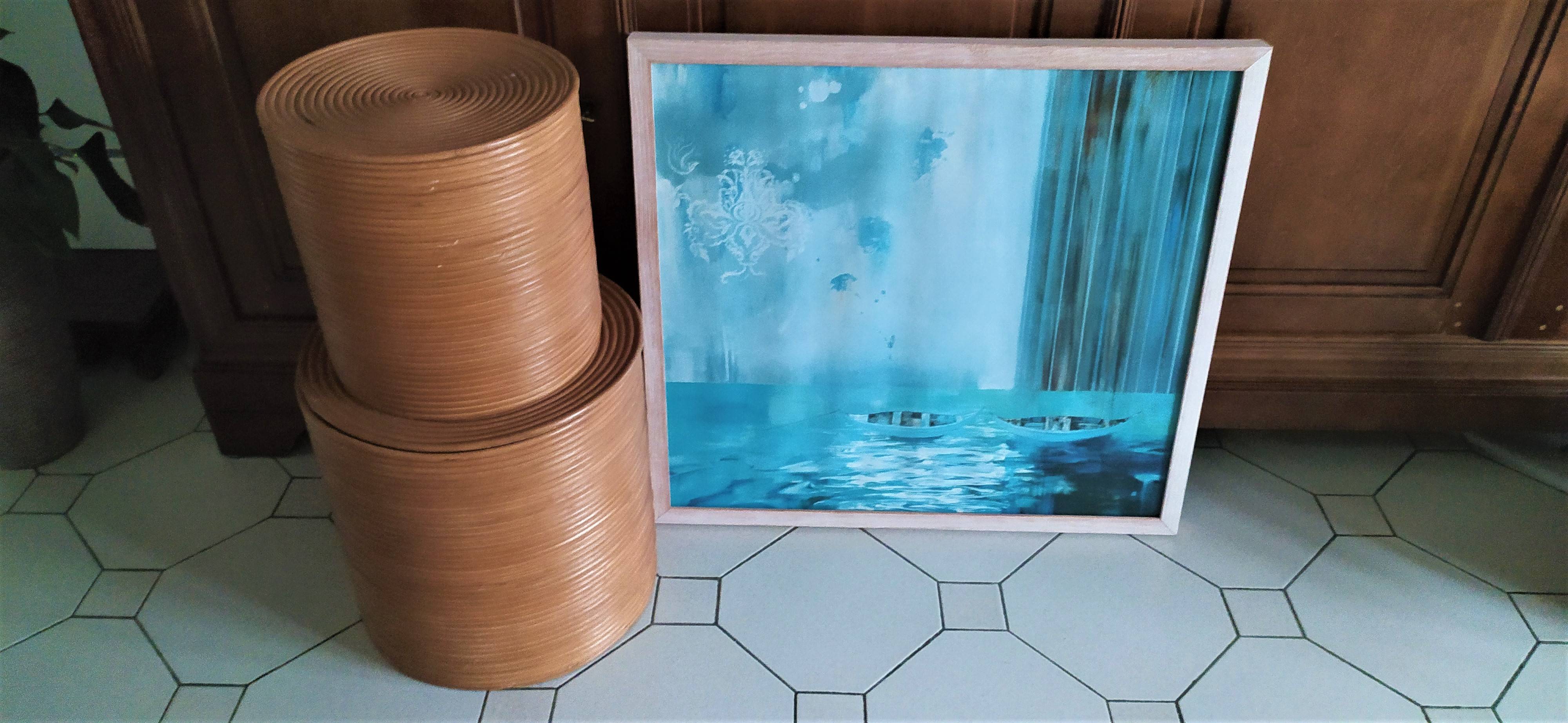 Cadre en bois pure avec photo bateau camaïeu de turquoise