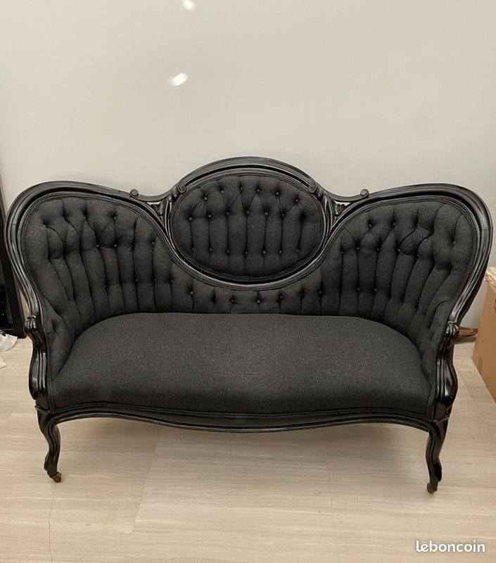 Canapé Victorien Acajou Très bon état - tapisserie refaite Flanelle gris anthracite