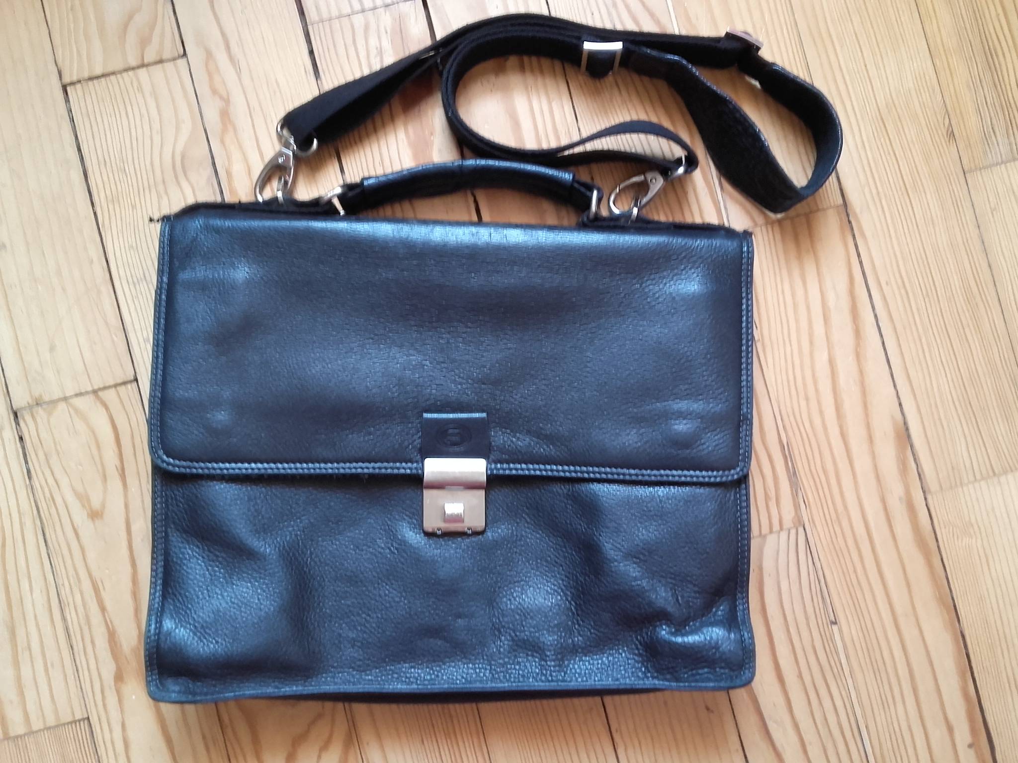 Cartable en cuir noir à multiples poches avec poignée & bandoulière