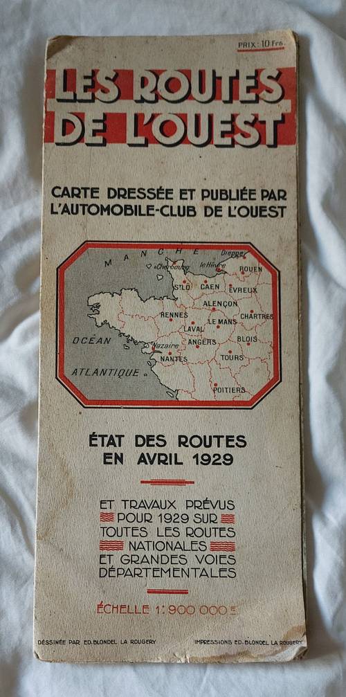 Vends carte routière "Les Routes de l’Ouest" édition 1929 de l’Automobile Club de l’Ouest