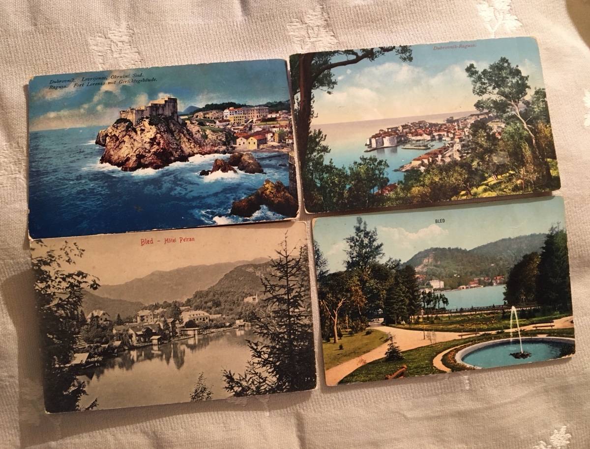 Vends Dubrovnik et Bled, 4 cartes postales anciennes