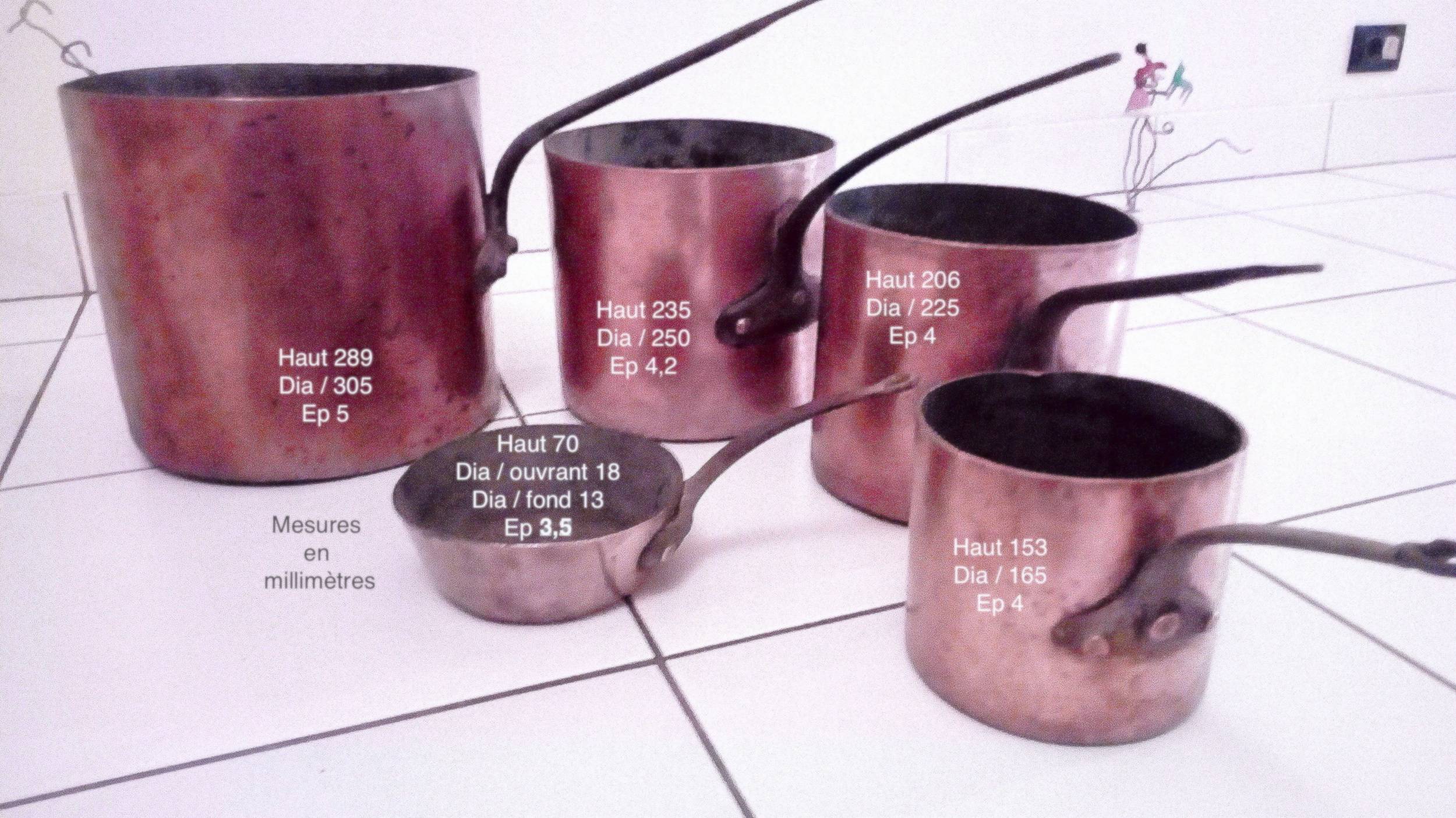 4 casseroles et 1 poêlon vintage en cuivre de E. Dehillerin 18 Rue