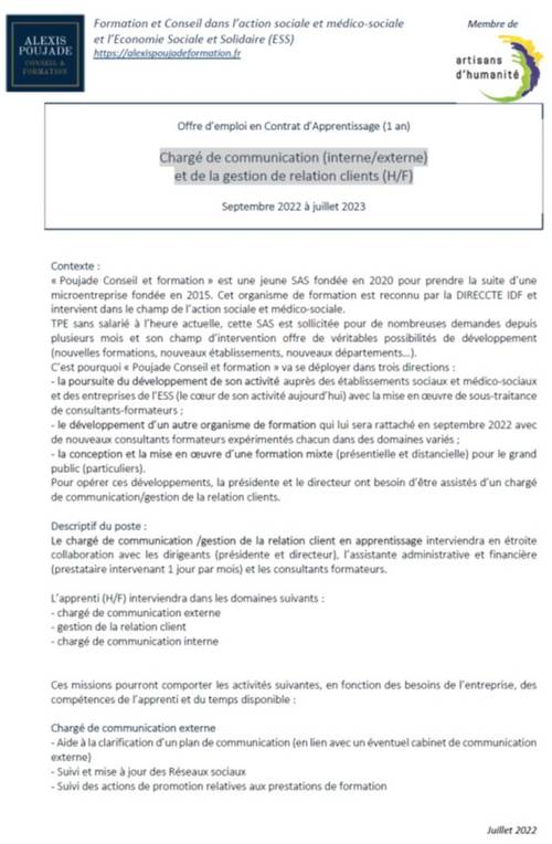 Propose alternance Chargé de communication (interne/externe) et de la gestion de relation clients(H/F)