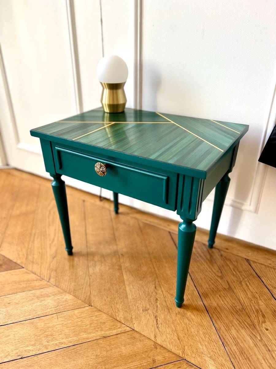 Chevet vintage marqueterie de paille