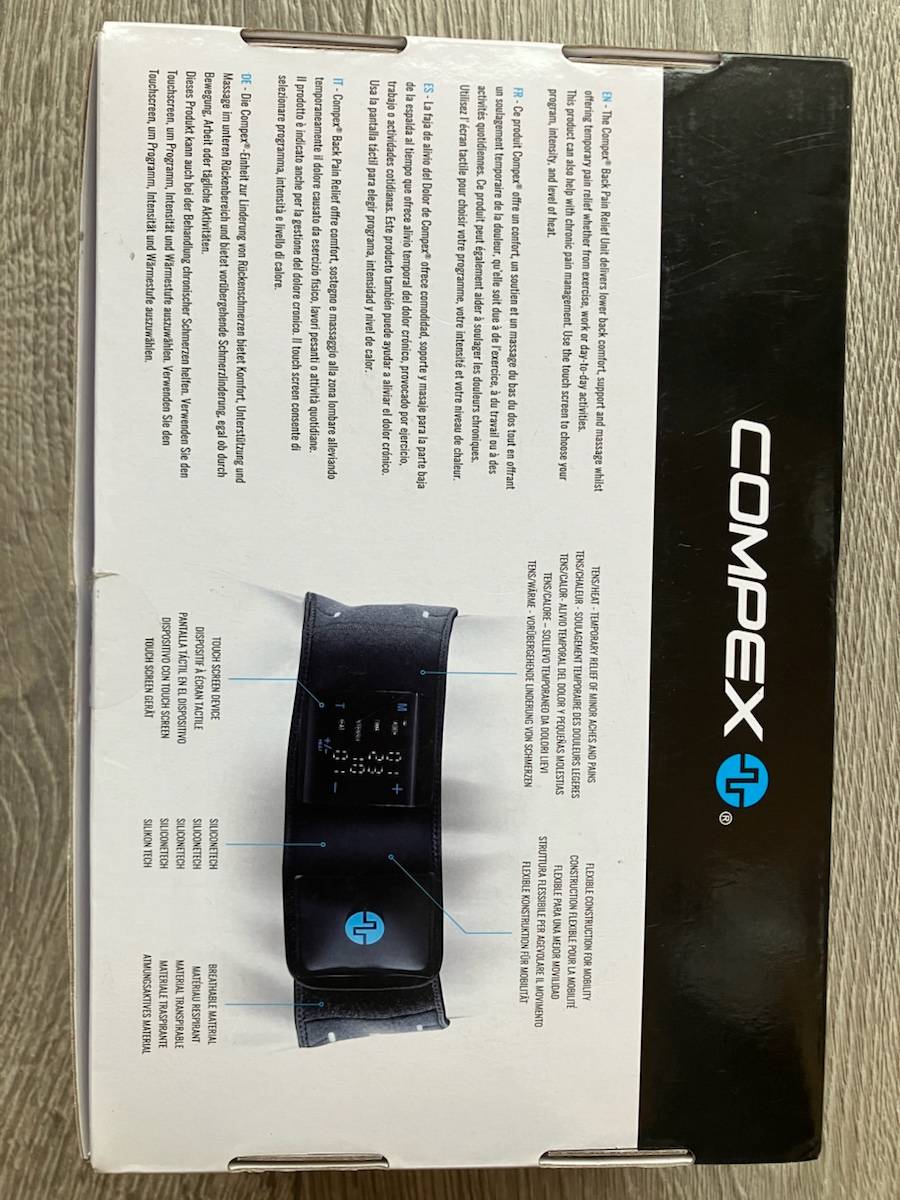 Vends ceinture Compex Back Pain Relief, soutien, massage et chauffante pour bas du dos