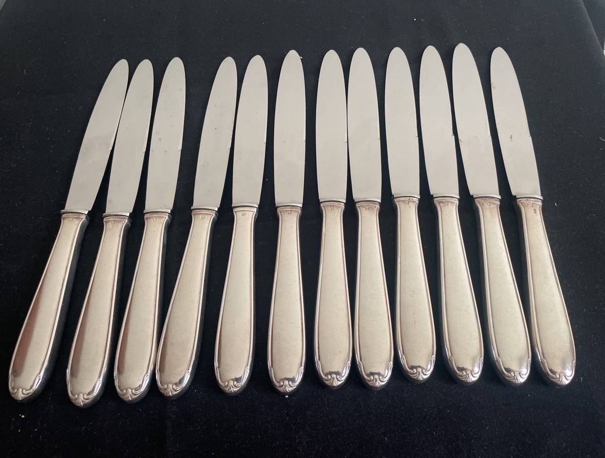 Maitre-Orfèvre : Christofle, Paris - Série de 12 couteaux de table à manche en corne, lame inox