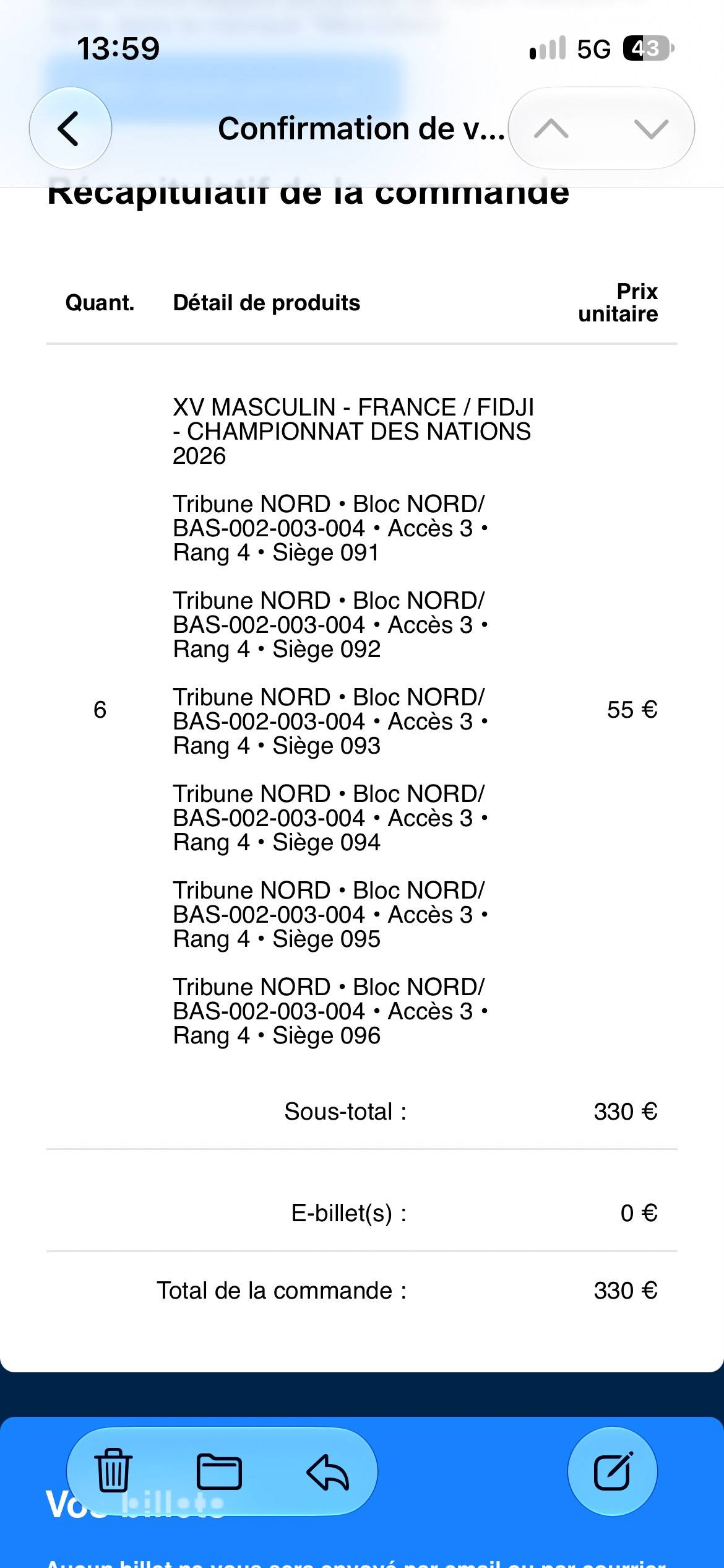 Vends 6 places pour le match de rugby France/Fidji le 11 juillet