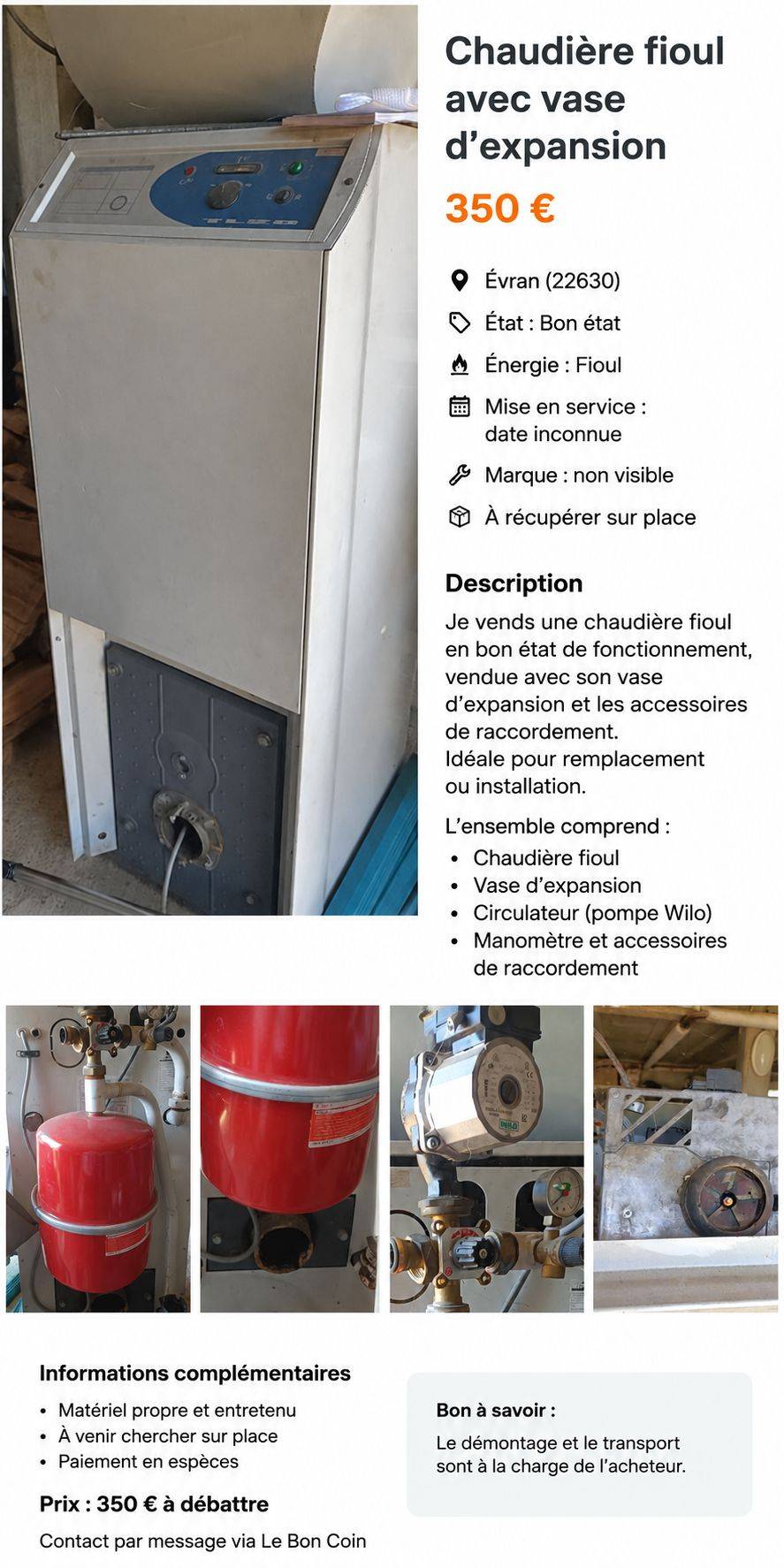 Vends chaudière fioul TL20 avec vase d'expansion en bon état